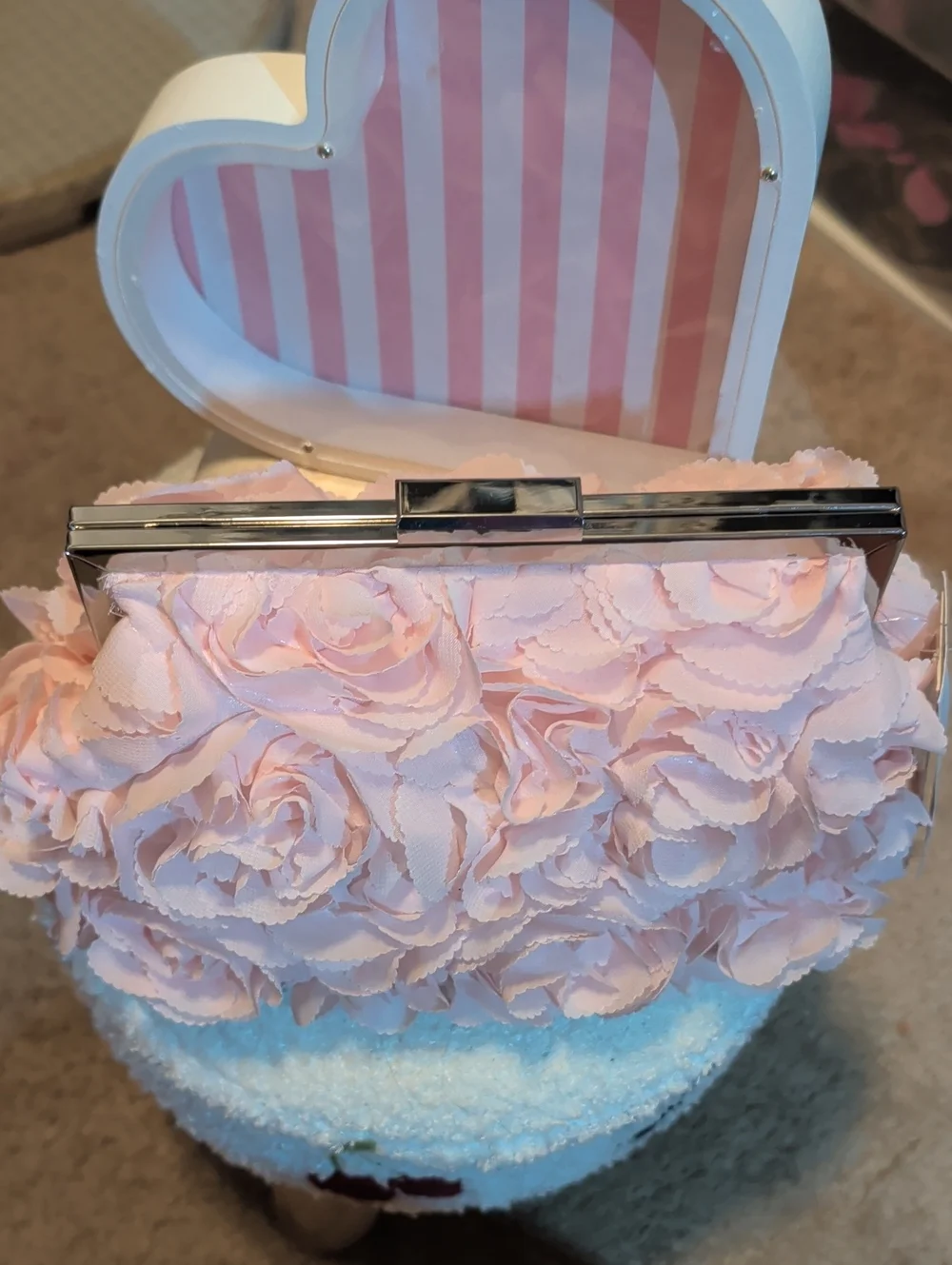 Jessica McClintock Light Pink Rosette Clutch with Silver Frame